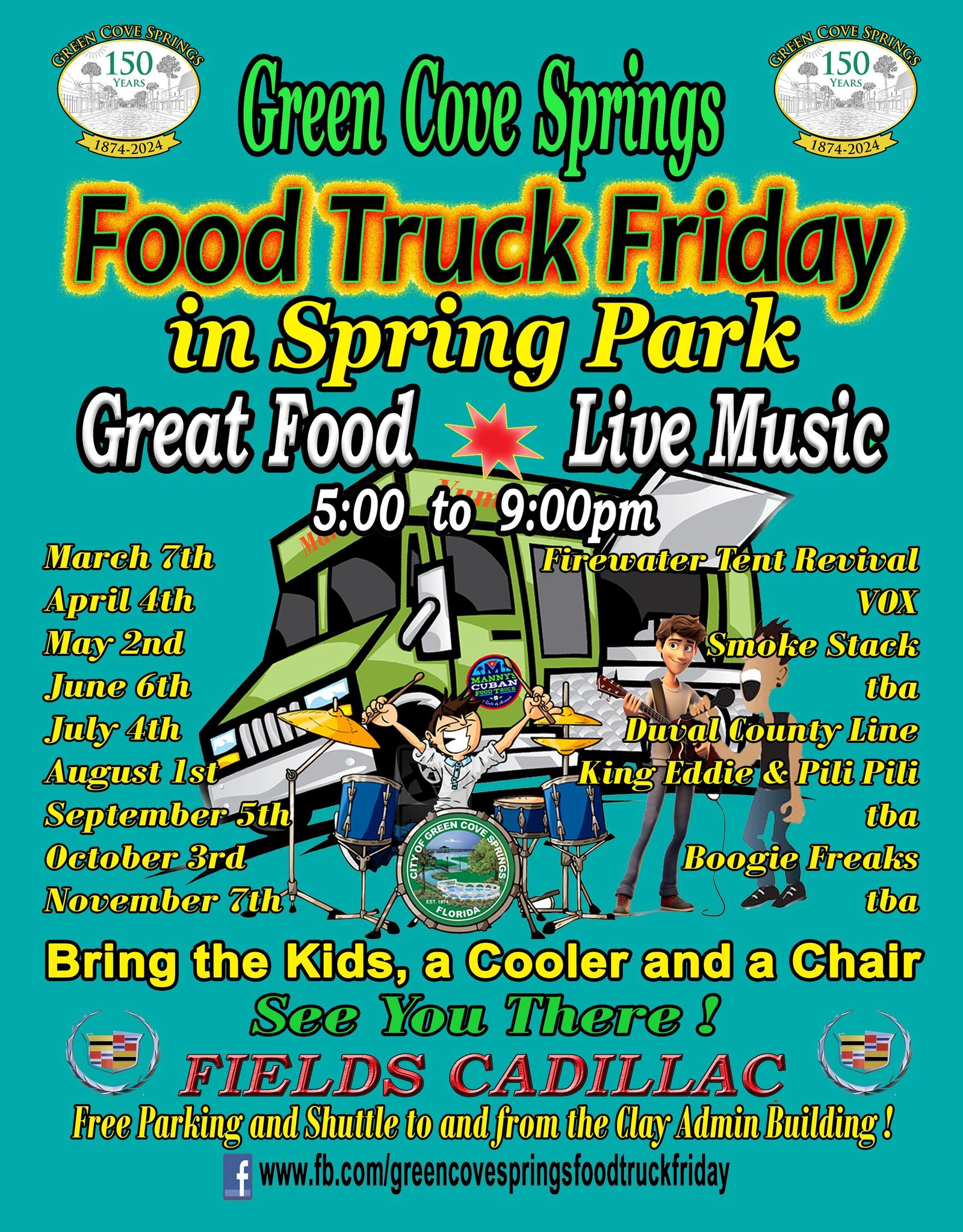 Food Truck Friday Flyer with first Friday of every month through November and listing of bands