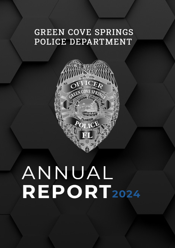 Green Cove Springs Police Department 2024 Annual Report, featuring a police badge on a dark backing.