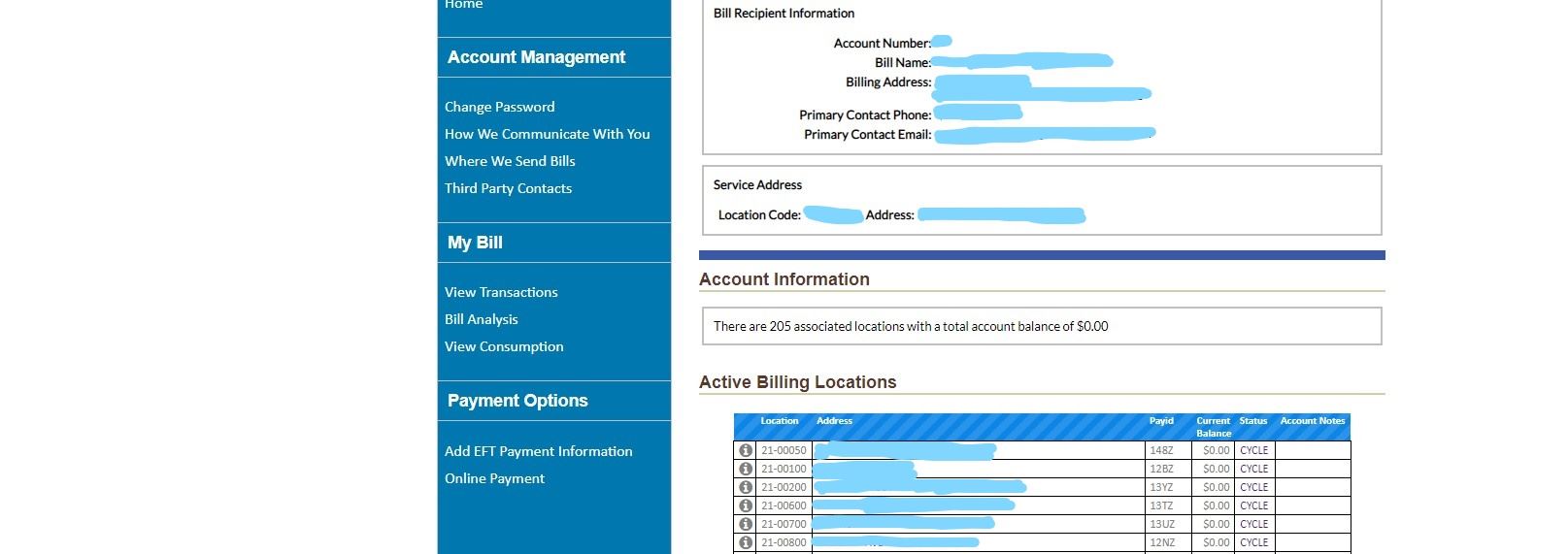 home page of online payment after clicking on circle "i" icon