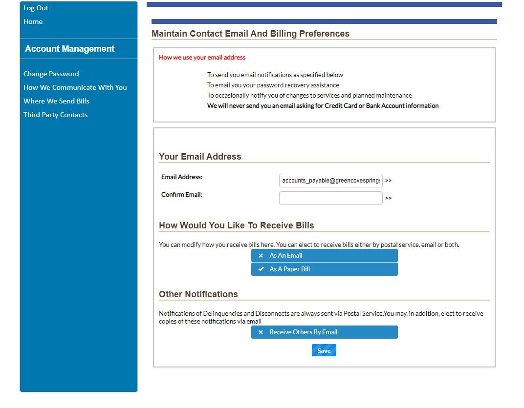page to change email address and how to receive utility bills
