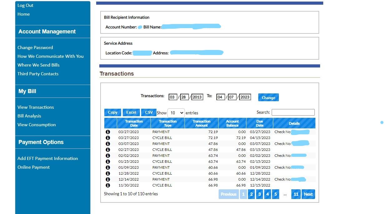 page to see past bills under a specific address