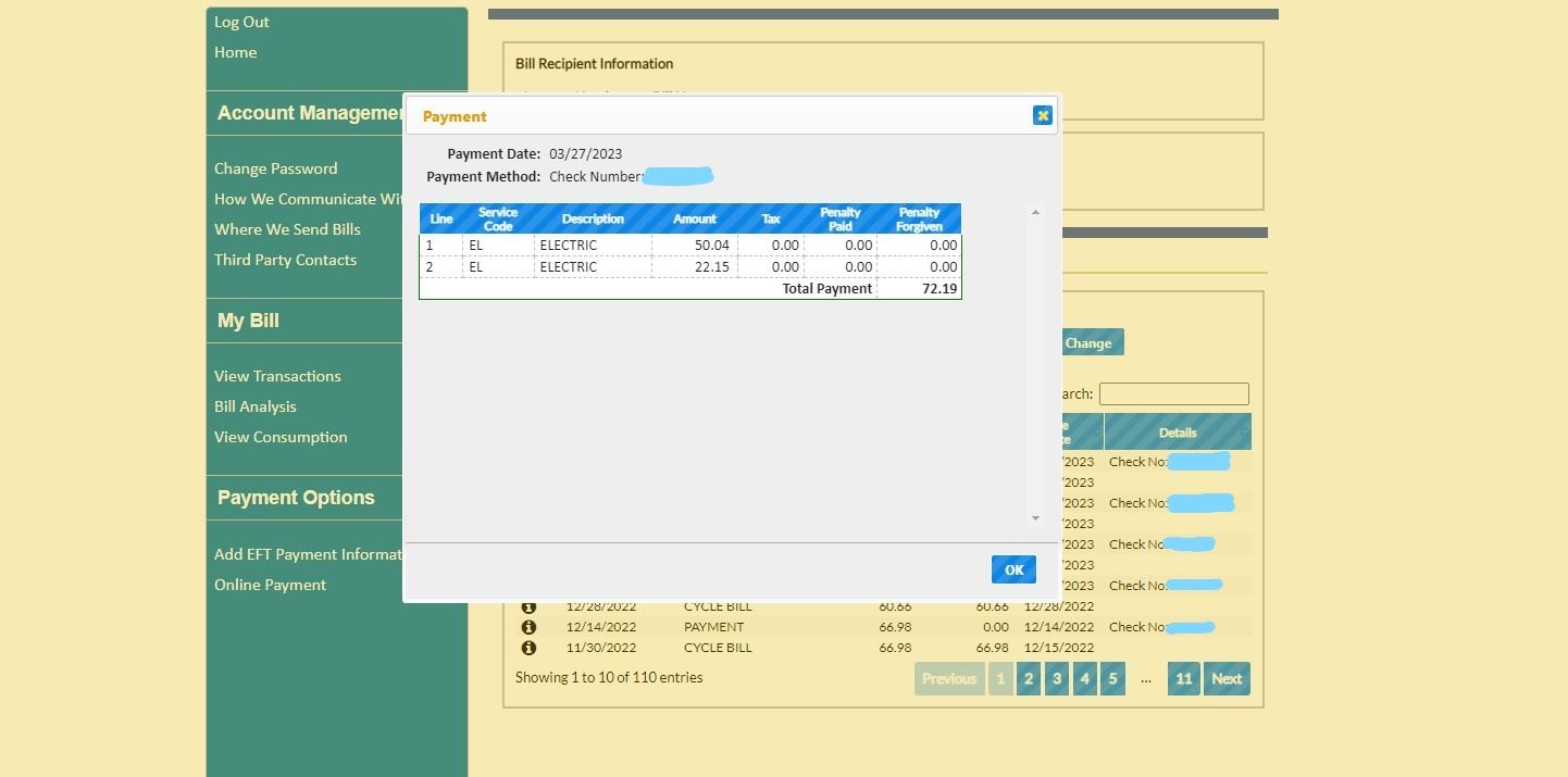 pop-up page to view breakdown of a specific past bill
